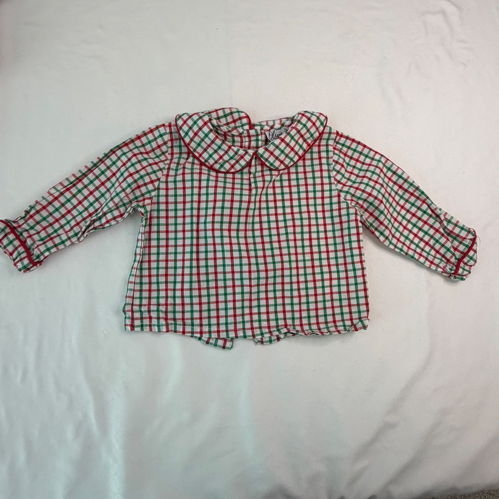 Olive You Kids Red Green Gingham Peter Pan Collar Holiday Top 12M